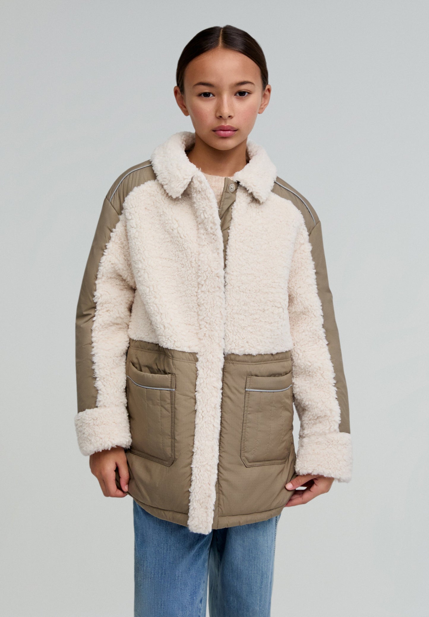 LONG JACKET WITH SHEARLING DETAILS