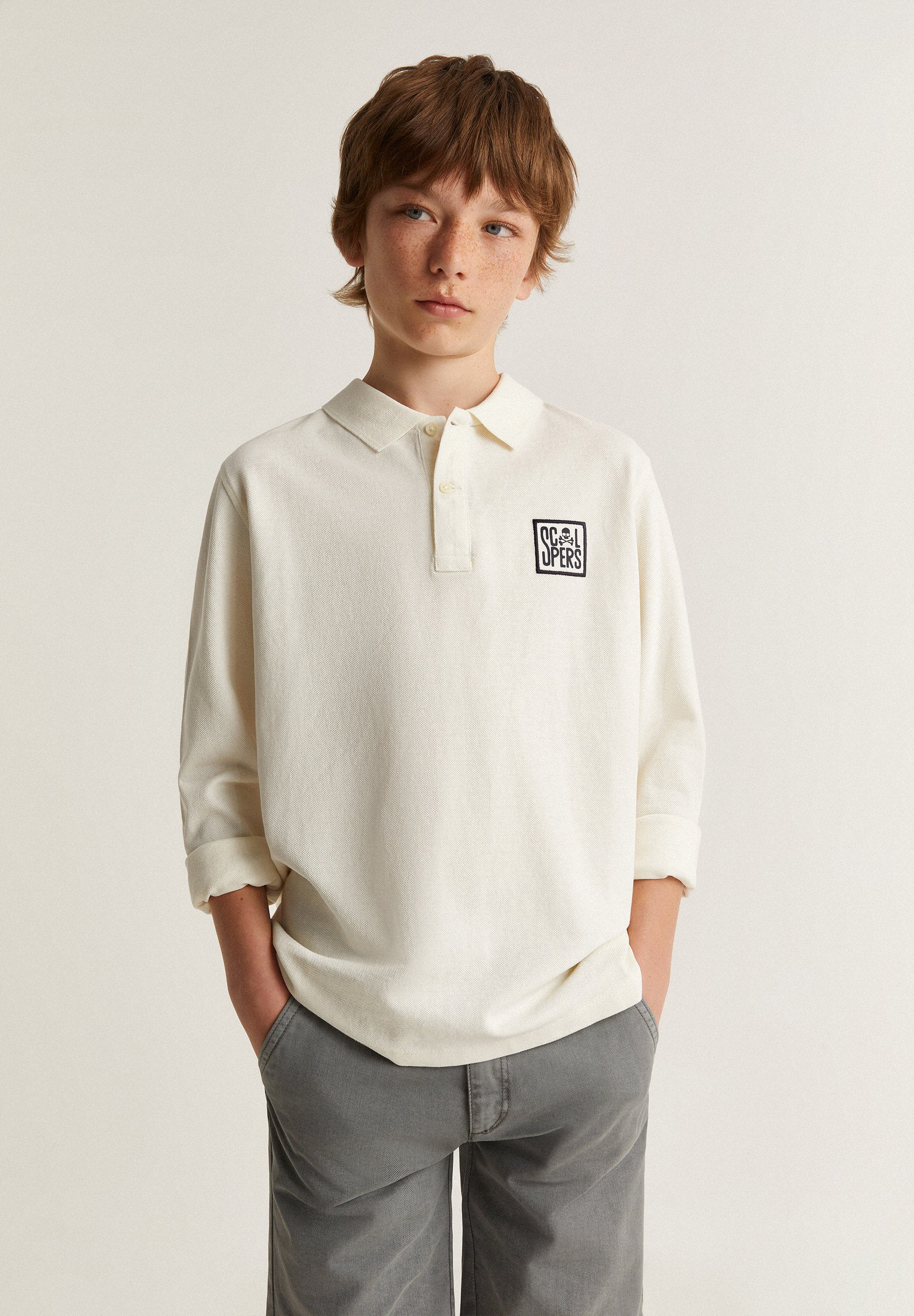 LONG SLEEVE POLO SHIRT WITH CONTRAST EMBROIDERY DETAIL