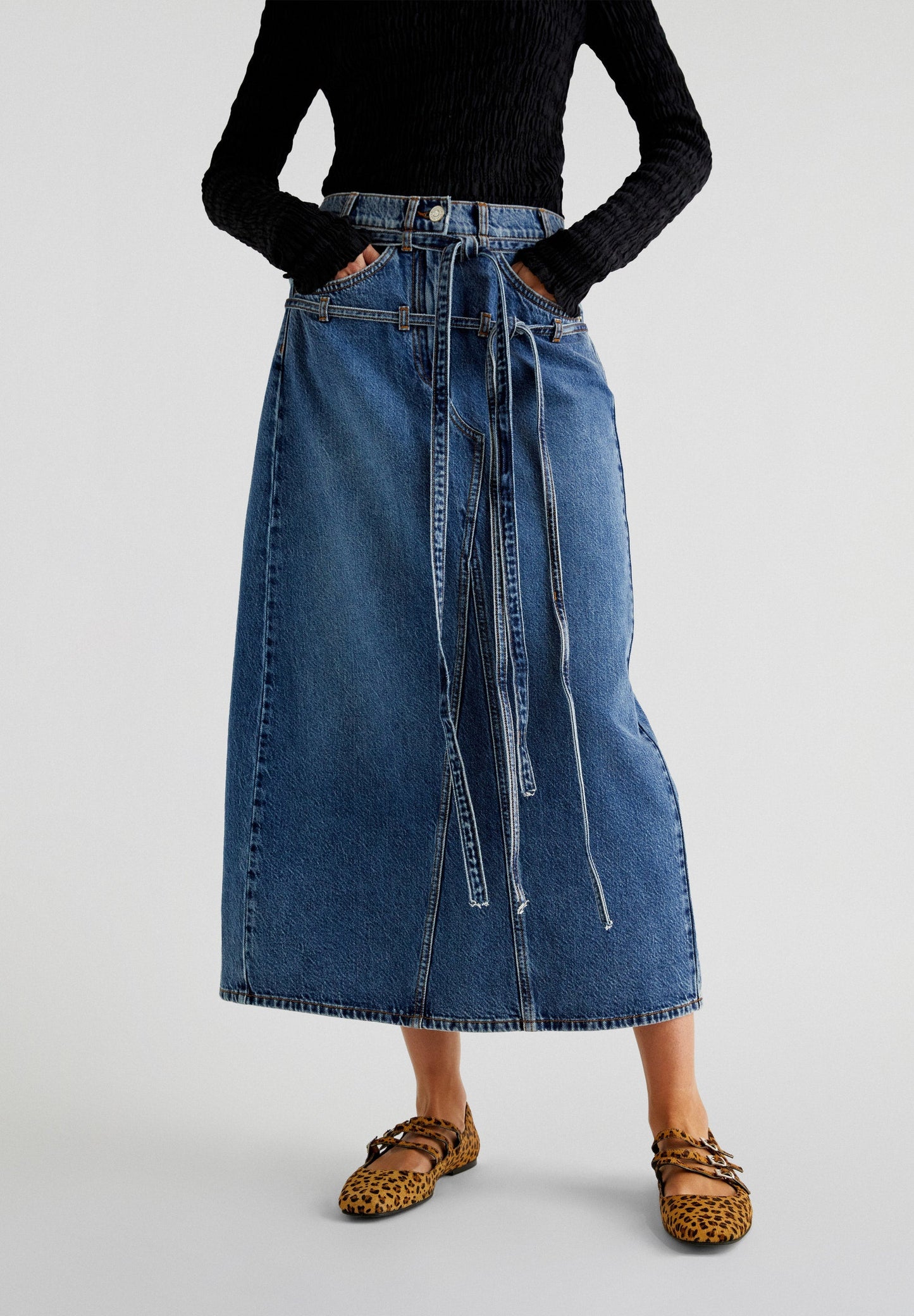 DENIM MIDI SKIRT WITH BOWS