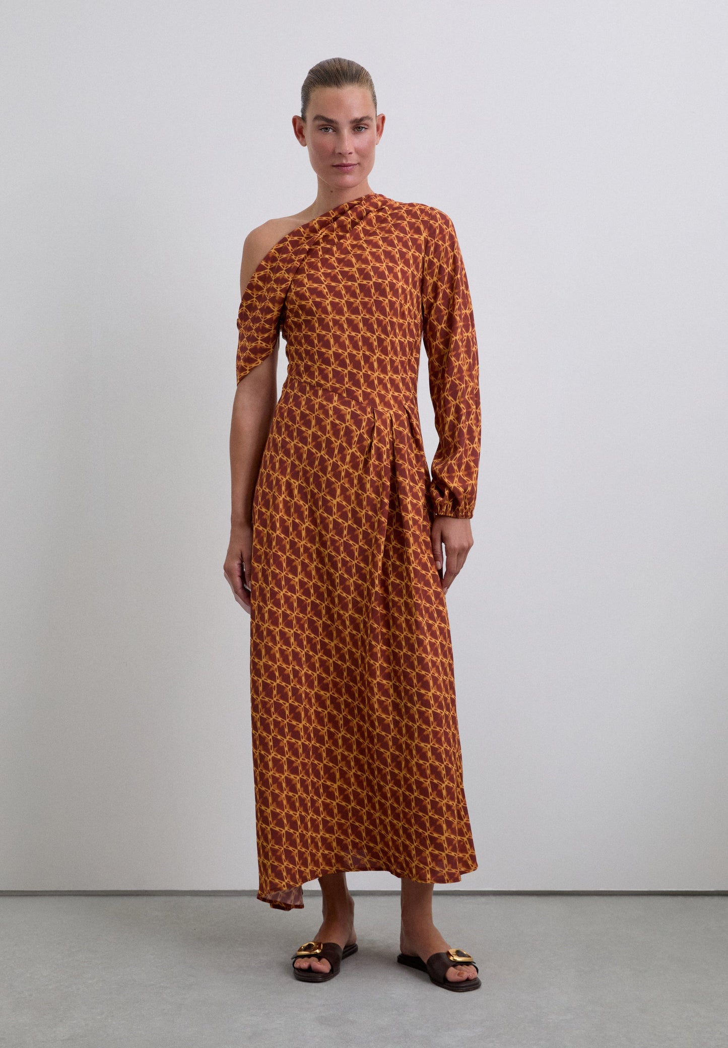 PRINTED ASYMMETRIC NECKLINE DRESS