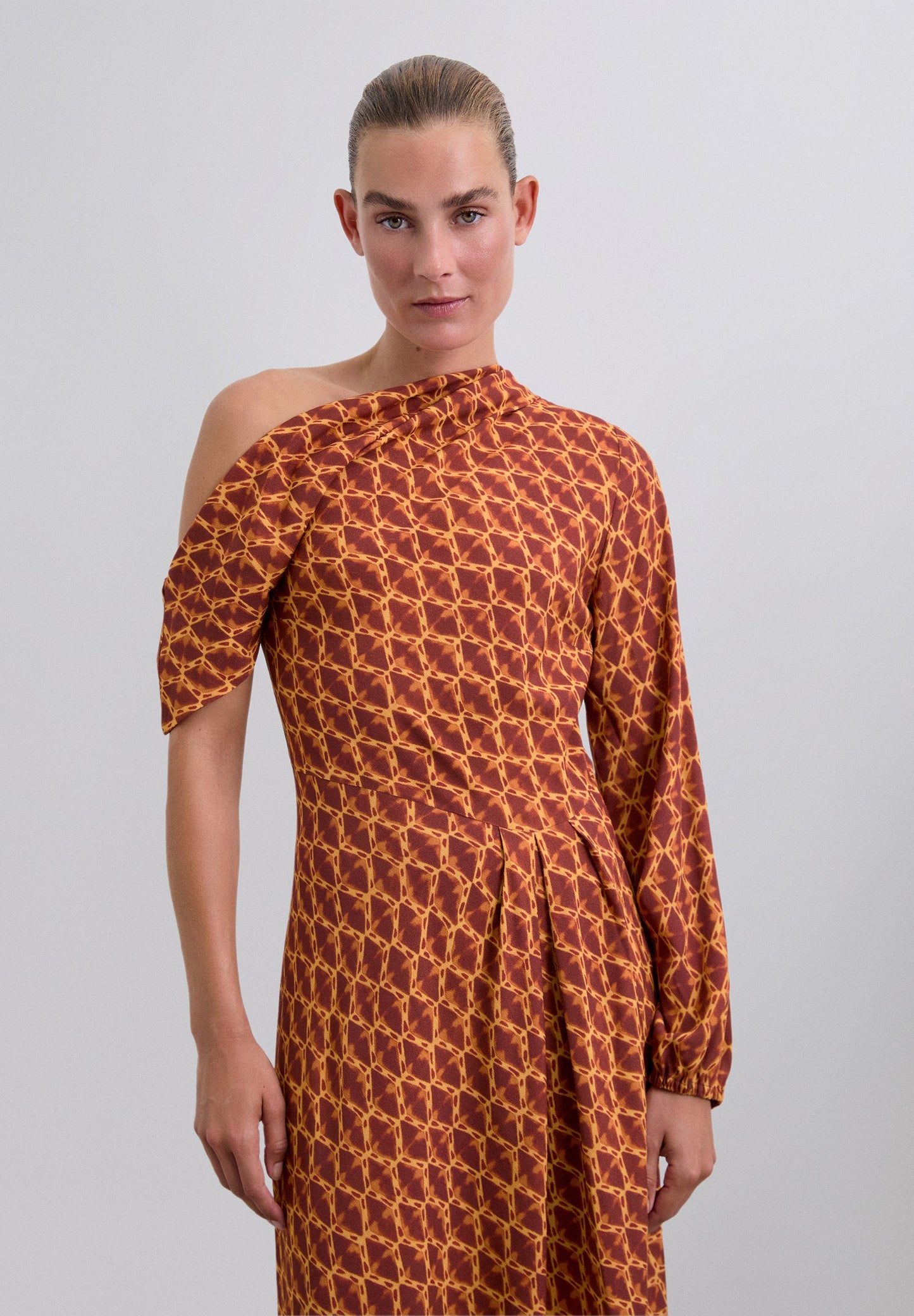 PRINTED ASYMMETRIC NECKLINE DRESS