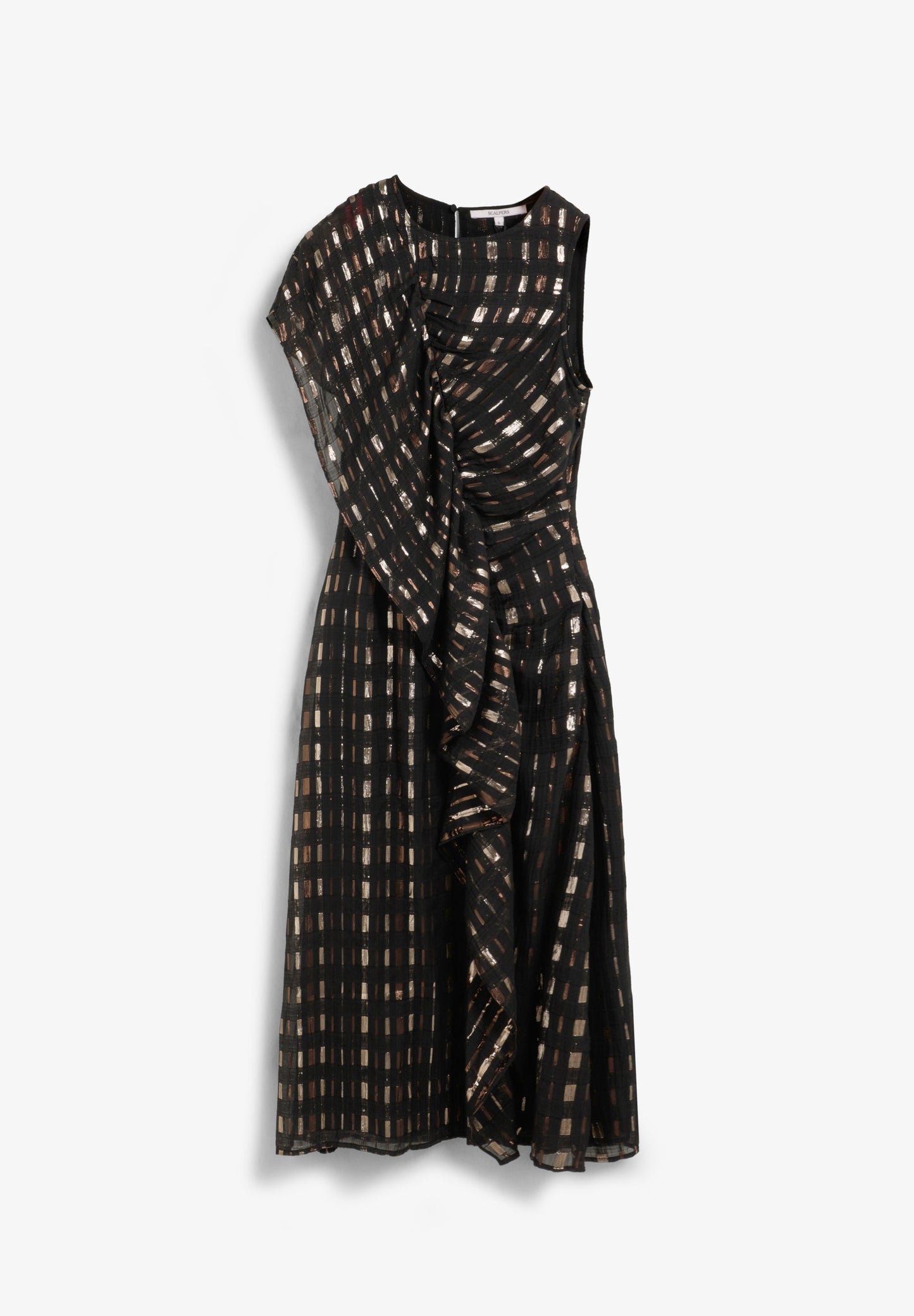 METALLIC PRINT DRESS WITH RUFFLE