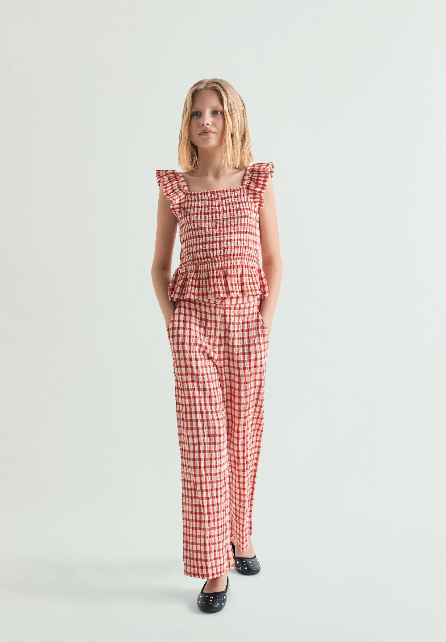 SMOCKED GINGHAM TOP