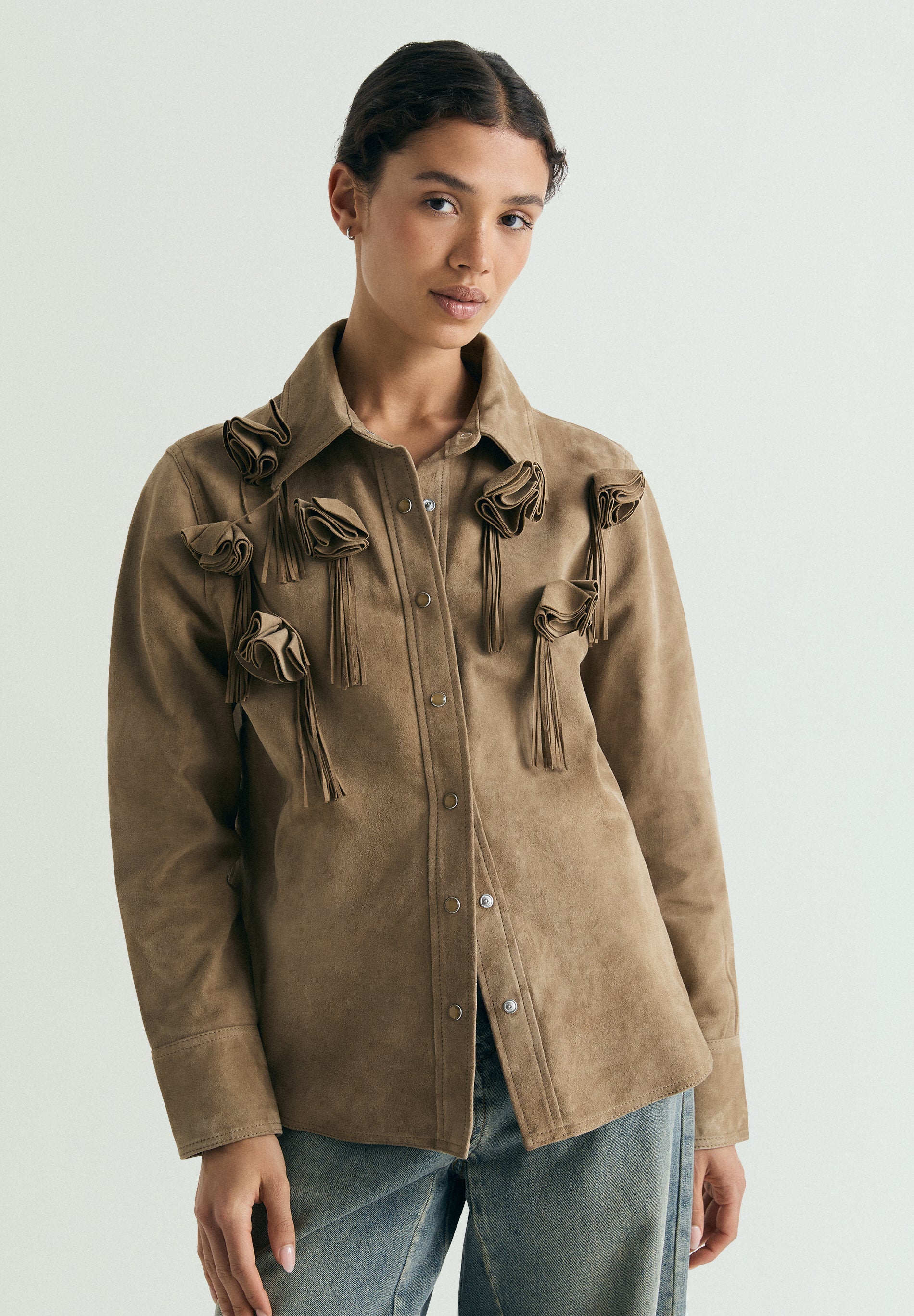 SUEDE SHIRT WITH FLORAL DETAIL