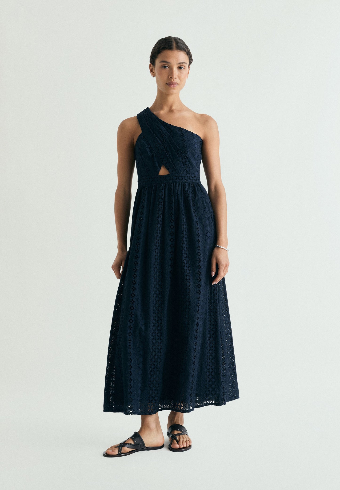 ASYMMETRIC EMBROIDERED MIDI DRESS