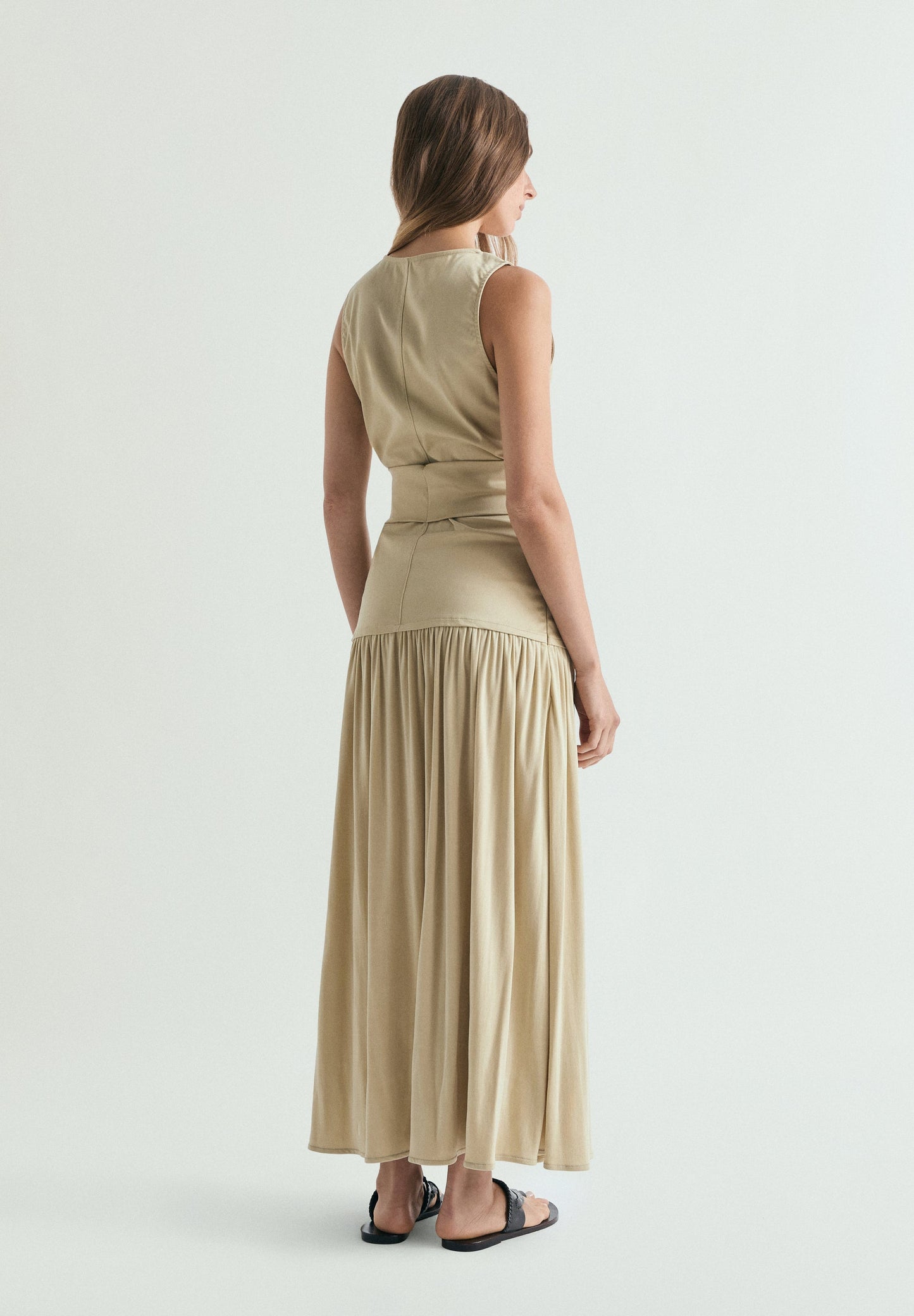 DRAPED MIDI DRESS WITH METAL DETAIL