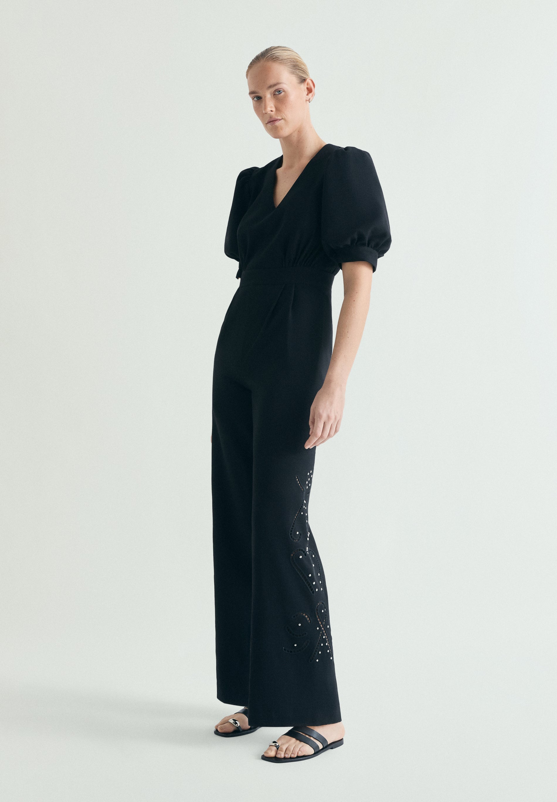 PUFF SLEEVE JUMPSUIT WITH STUDS