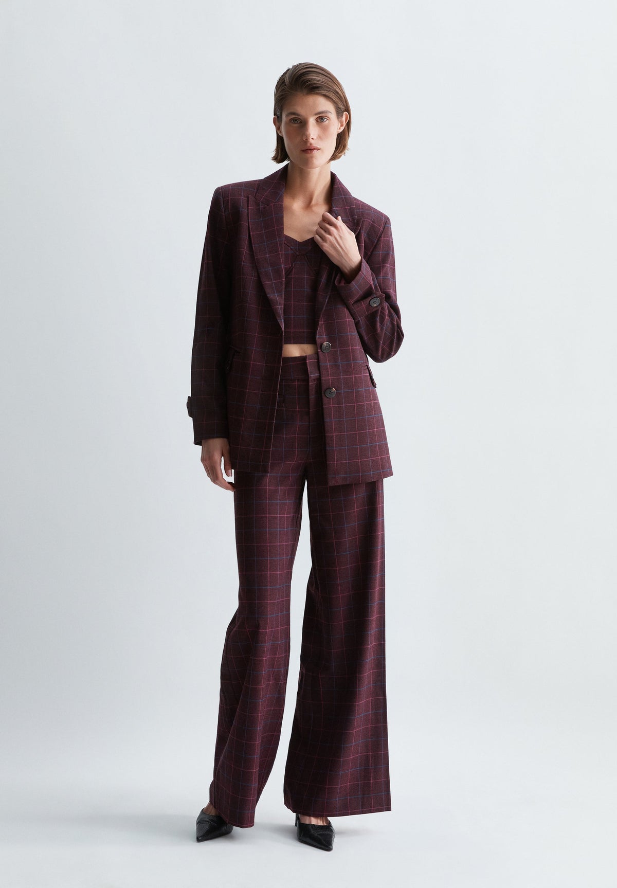 CHECK BLAZER WITH BUTTON DETAIL