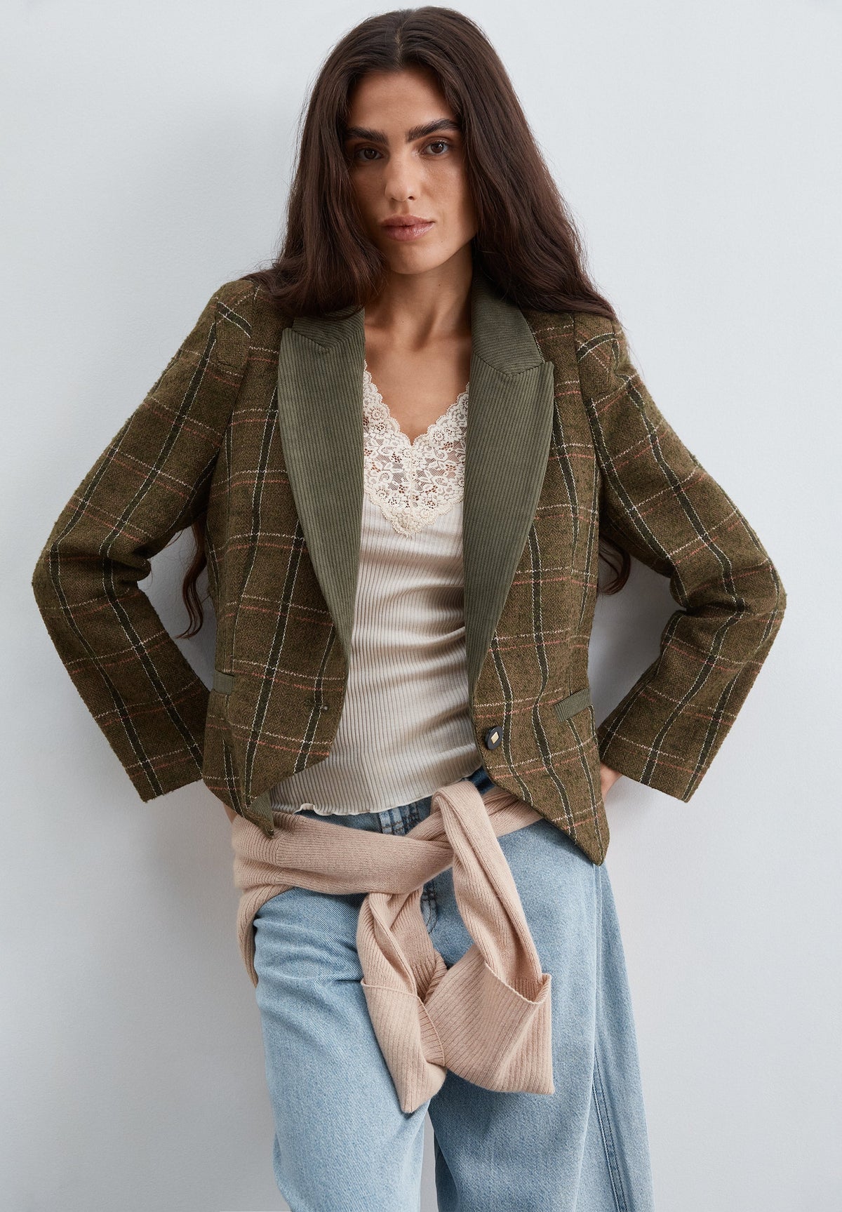CHECK BLAZER WITH LAPEL DETAIL