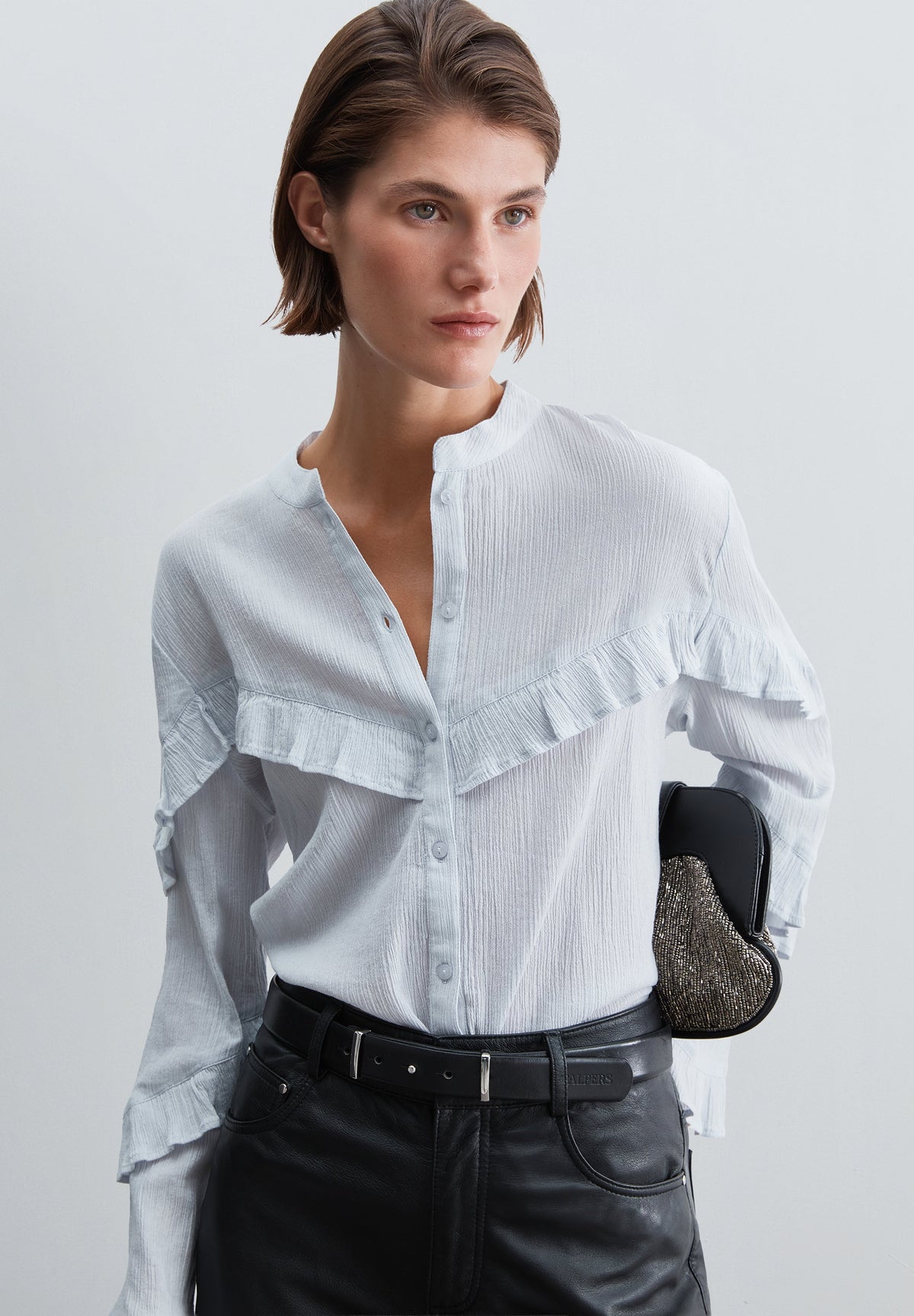 SHIRT WITH FRILLS AND STAND-UP COLLAR