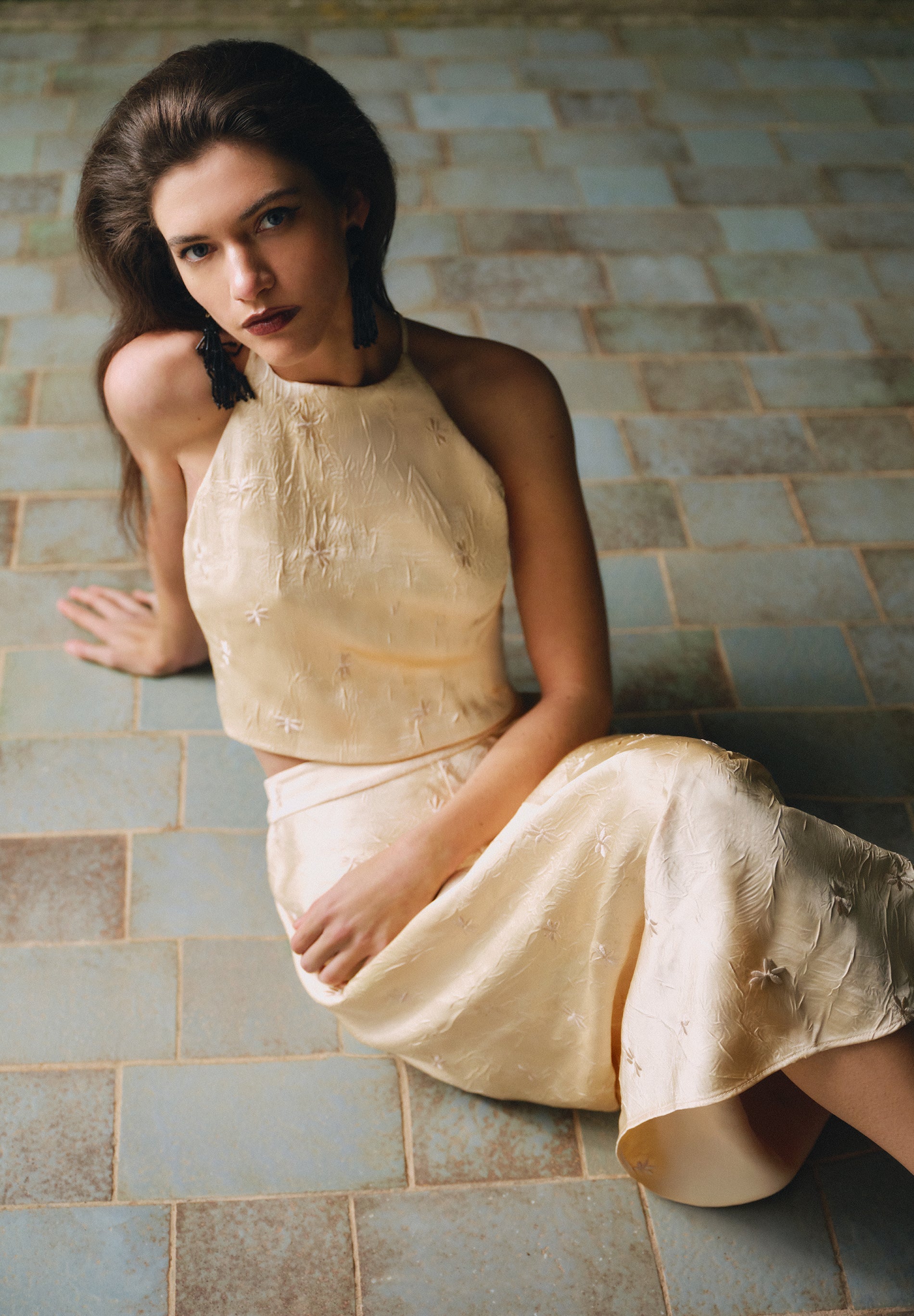 RUFFLED HALTER TOP WITH EMBROIDERY