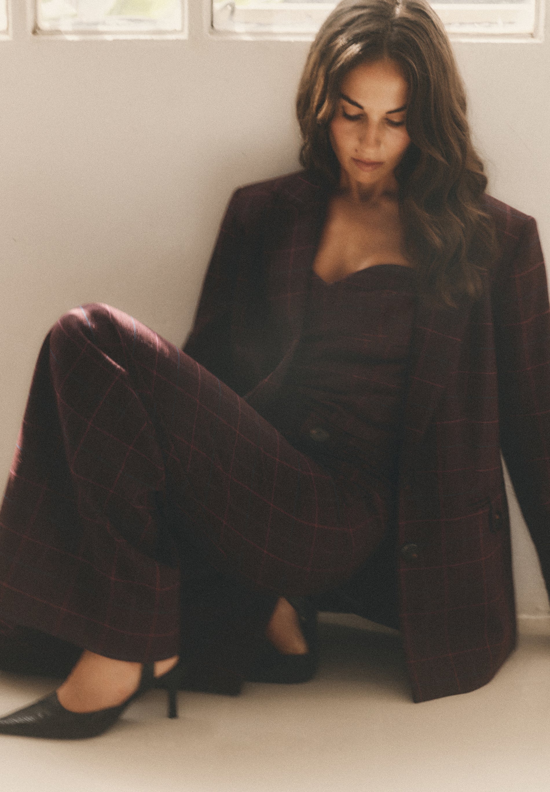 CHECK BLAZER WITH BUTTON DETAIL