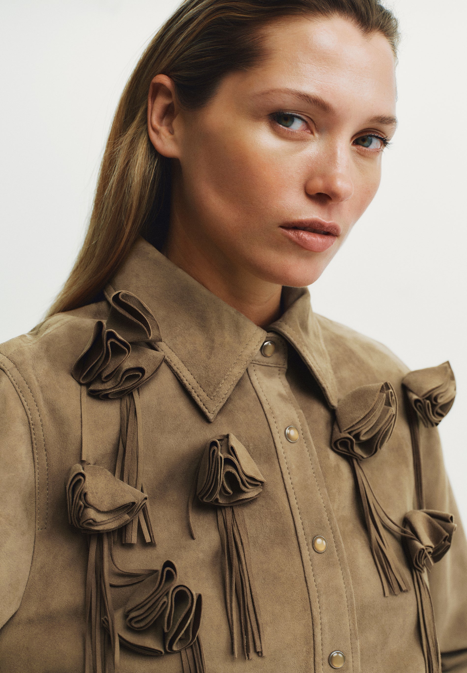 SUEDE SHIRT WITH FLORAL DETAIL